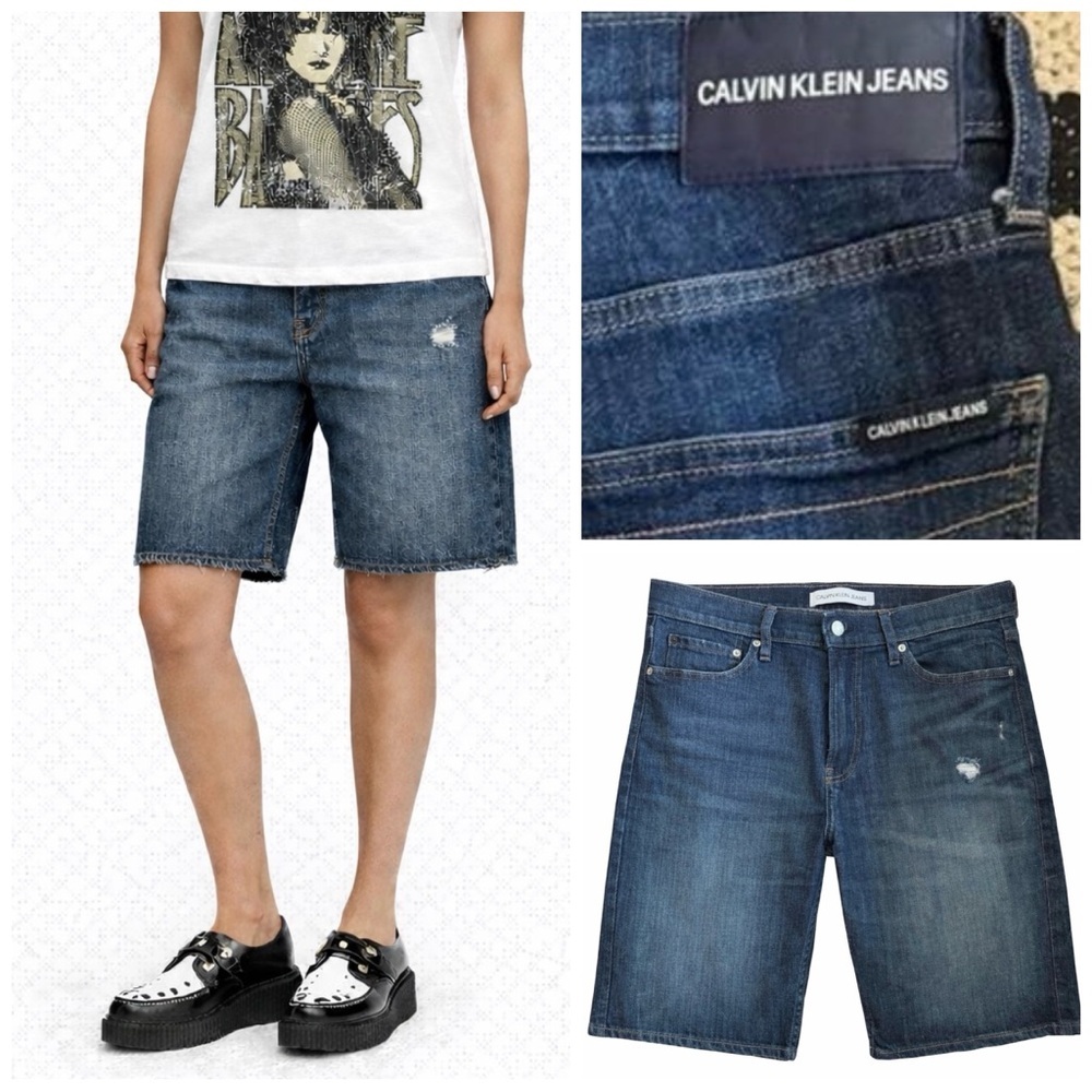 Calvin Klein medium wash, light distress, jorts, jean shorts. W32